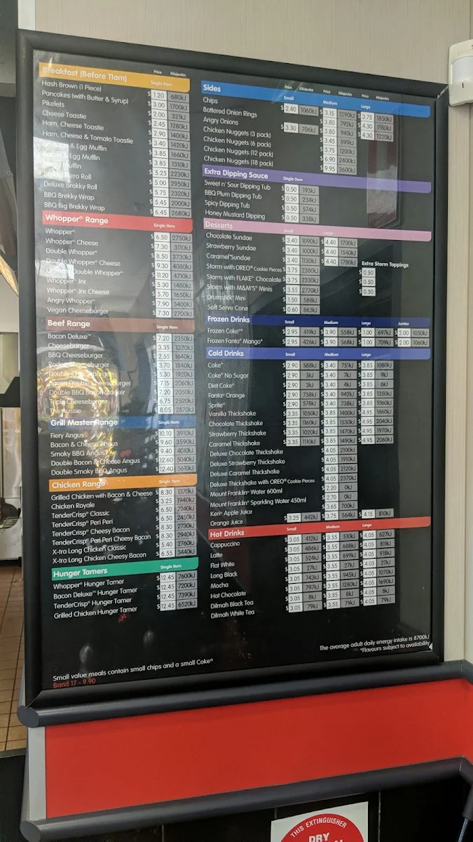 Menu, Hungry Jack's Burgers Morayfield