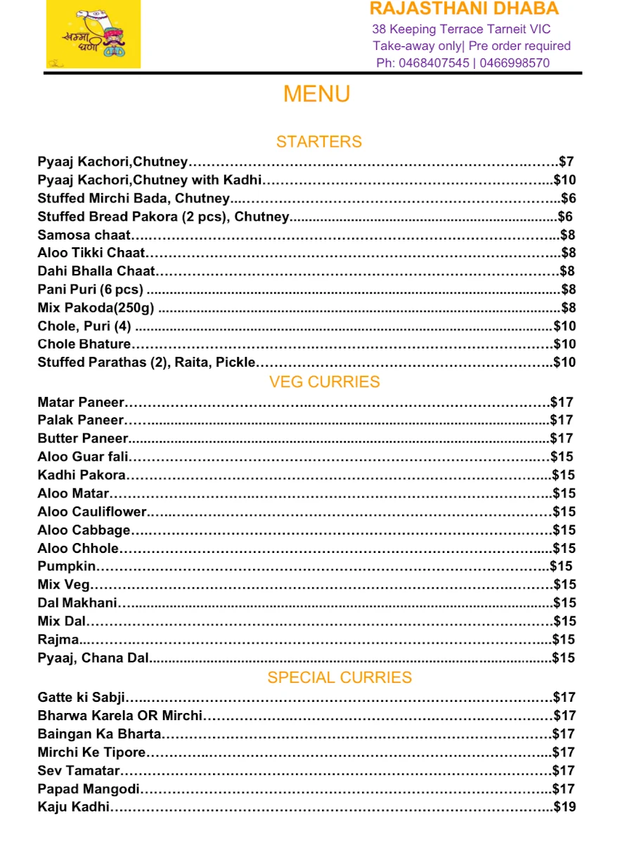 Menu, Rajasthani Dhaba