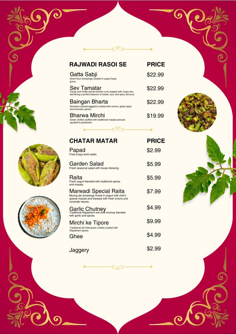 Menu, Rajasthani Dhaba