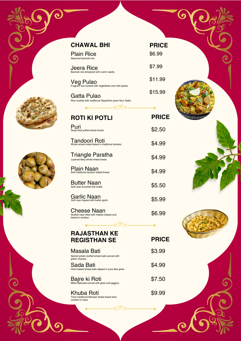 Menu, Rajasthani Dhaba