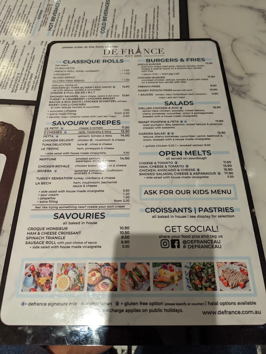 Menu, DeFrance Roselands