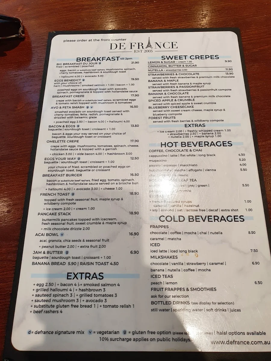 Menu, DeFrance Roselands