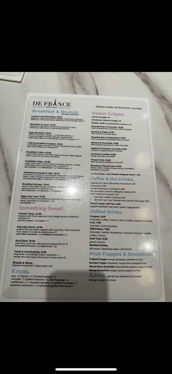 Menu, DeFrance Roselands