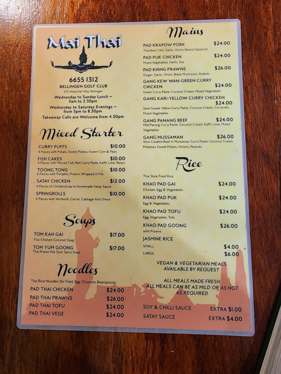Menu, Bellingen Golf Club Bistro