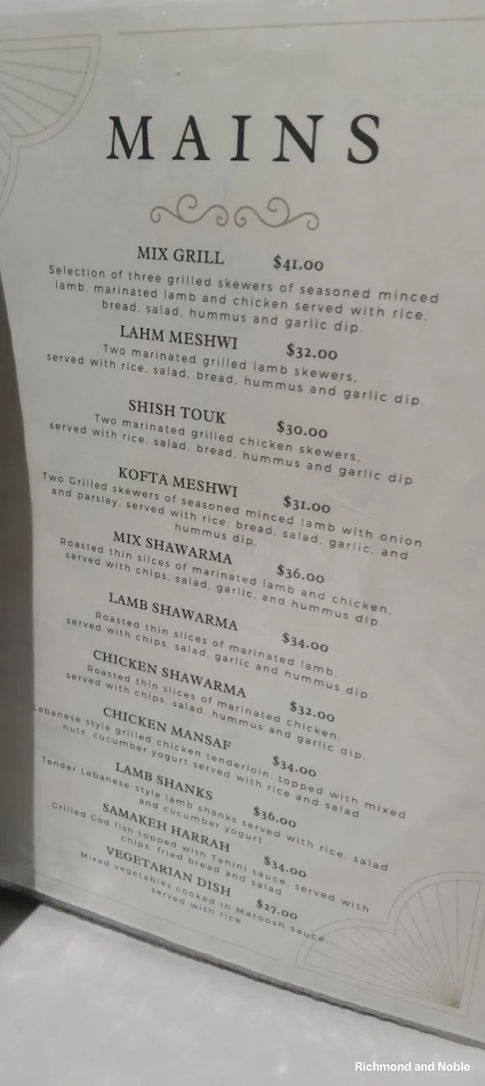 Menu, Maroosh Restaurant