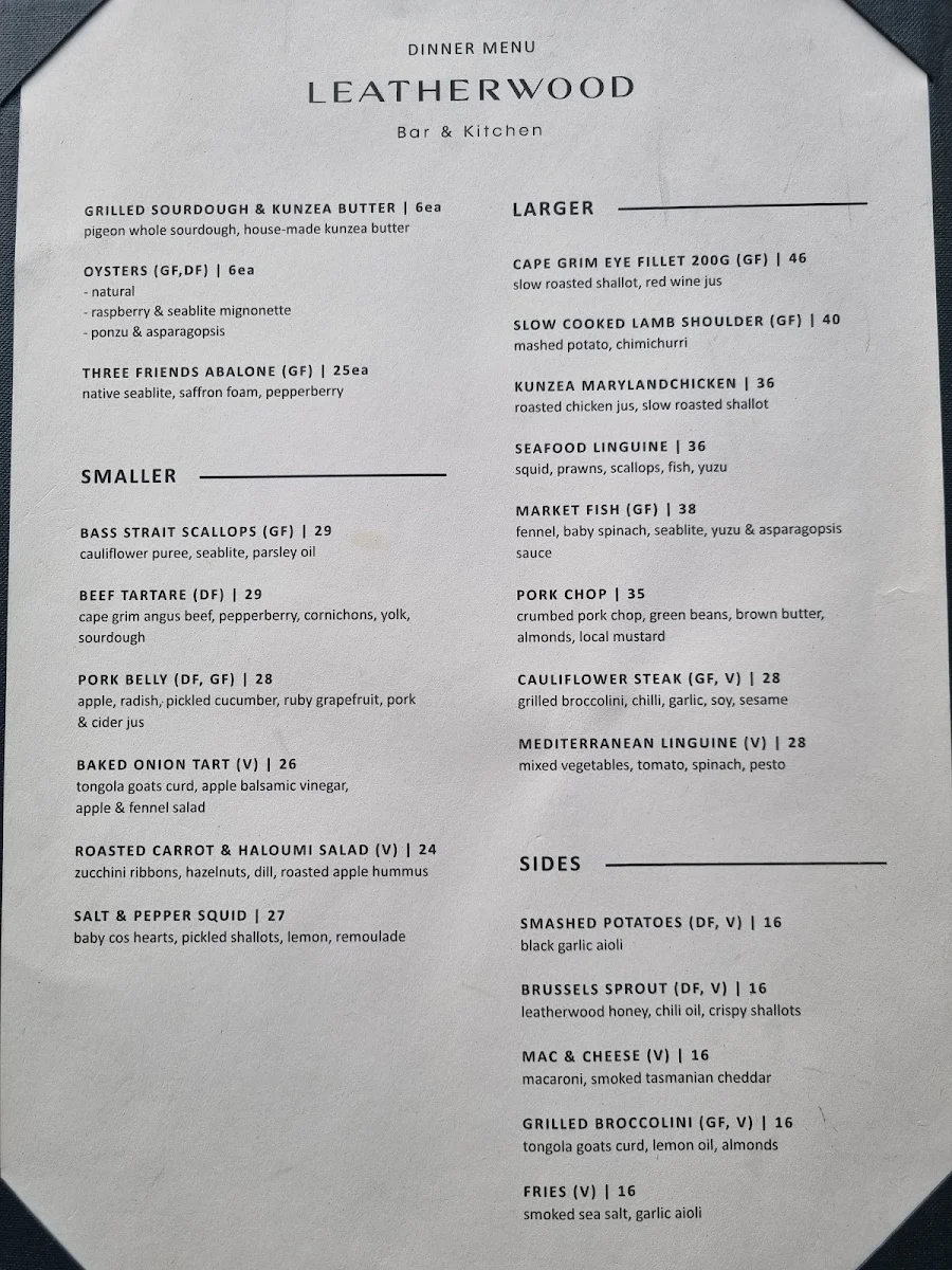 Menu, Leatherwood Bar & Kitchen
