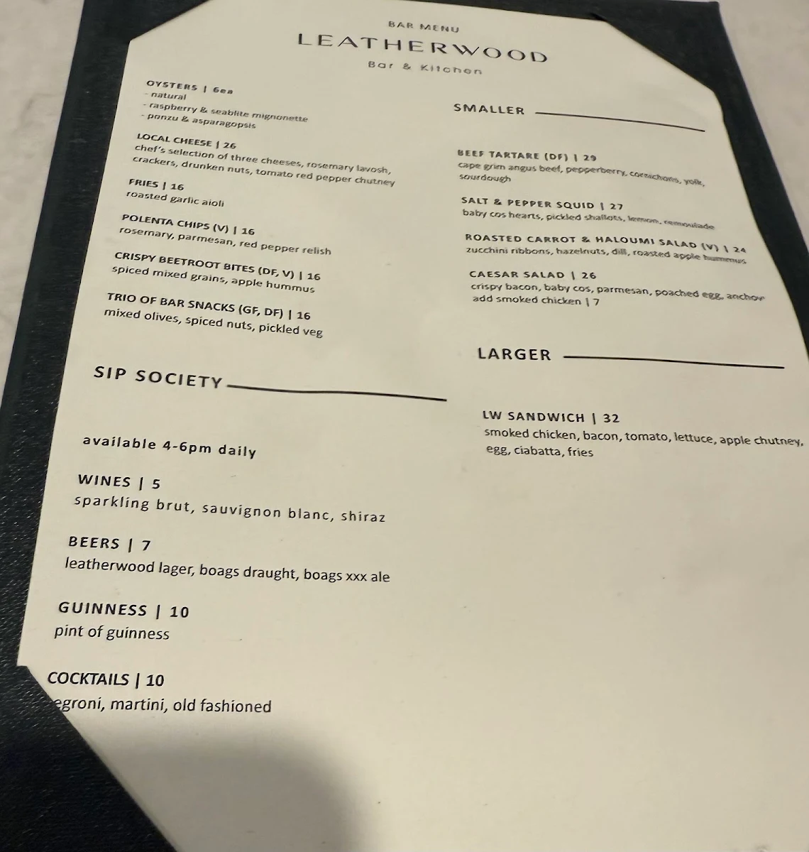 Menu, Leatherwood Bar & Kitchen