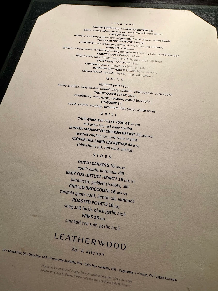 Menu, Leatherwood Bar & Kitchen