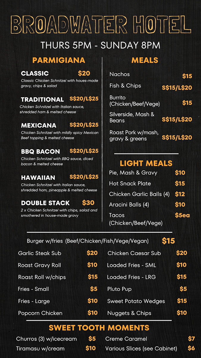 Menu, Broadwater Hotel