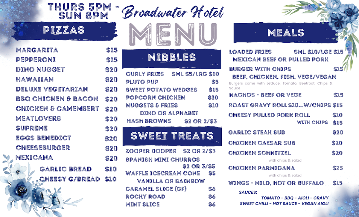 Menu, Broadwater Hotel