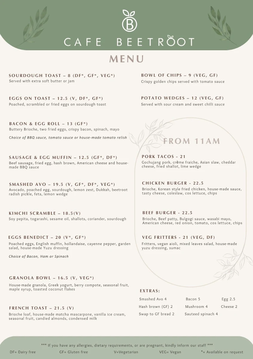 Menu, Cafe Beetroot