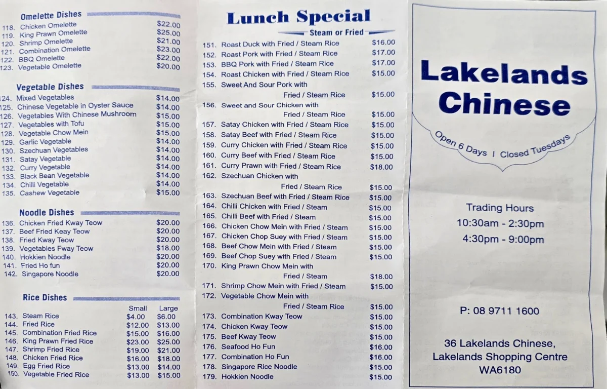 Menu, Lakelands Chinese Mandurah