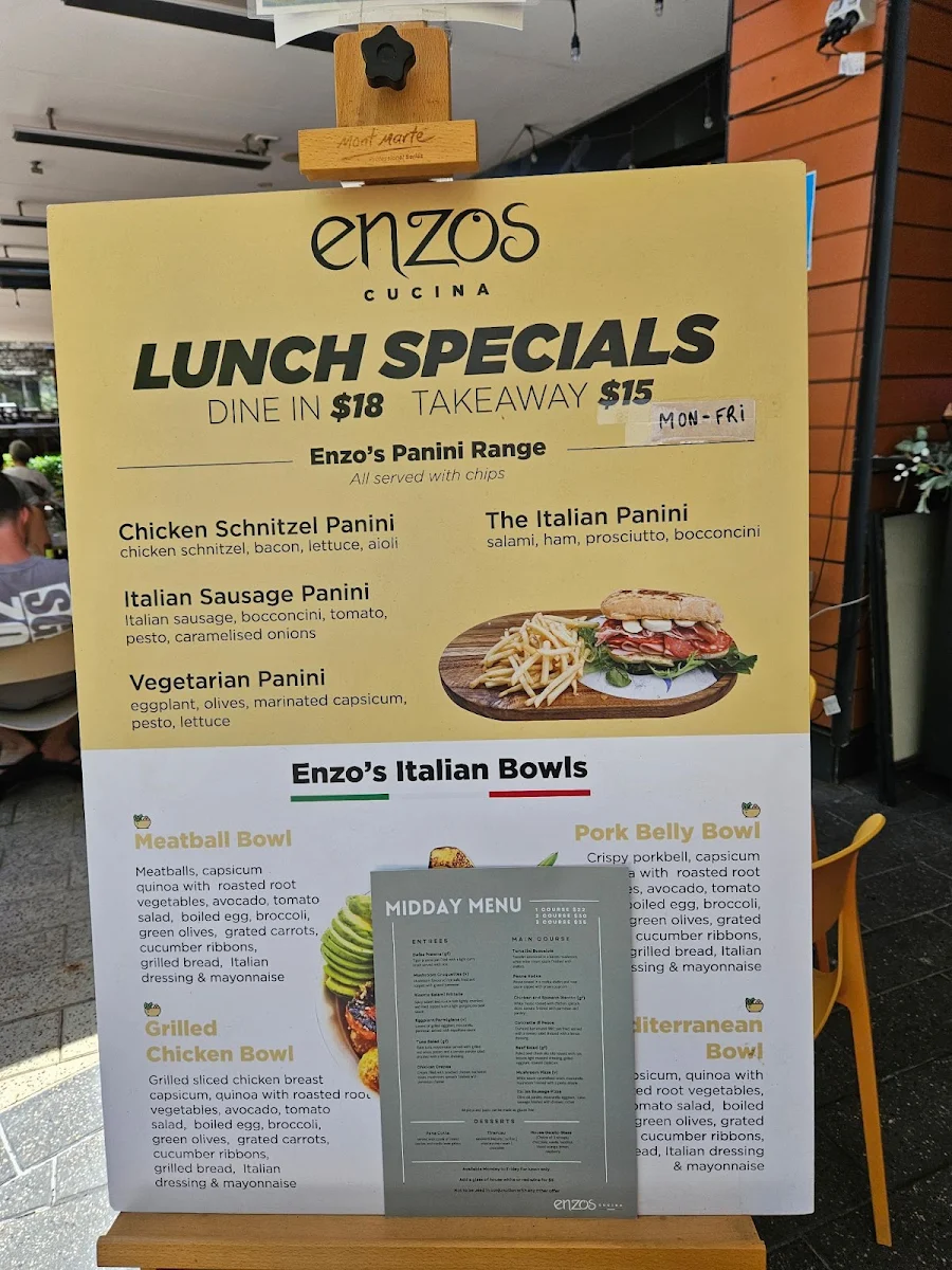 Menu, Enzo's Cucina Macarthur Square