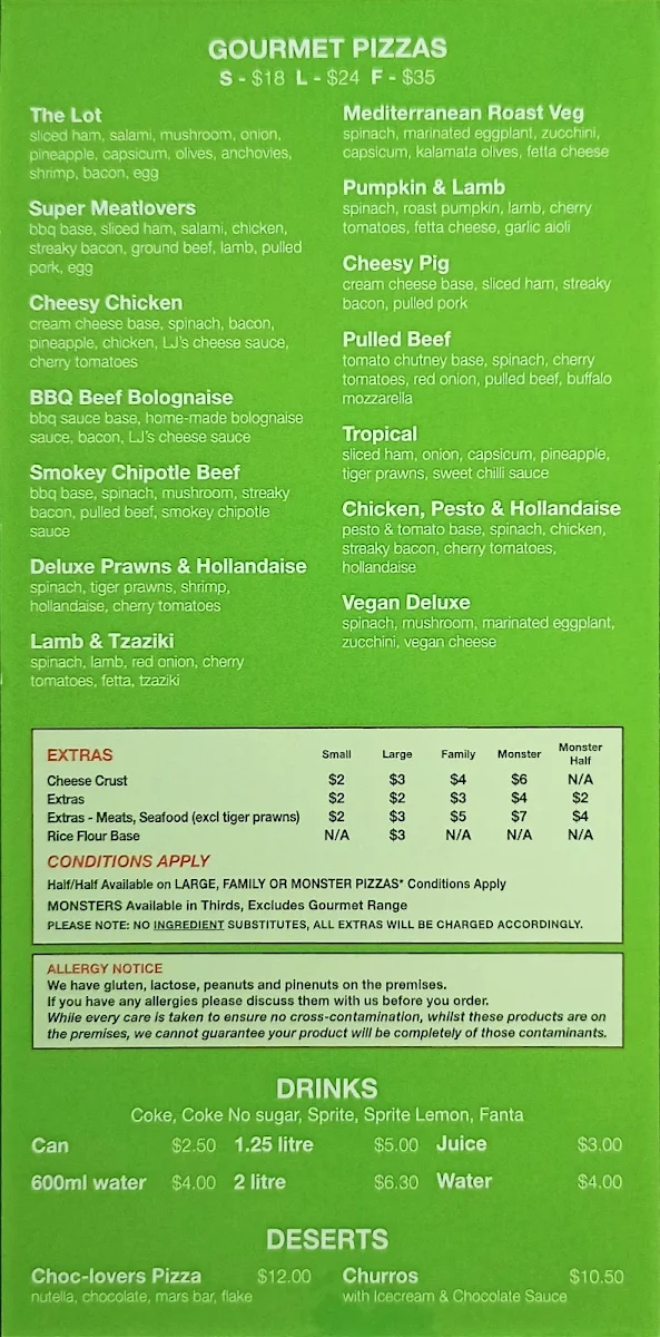 Menu, LJ's Pizza and Takeaway Food