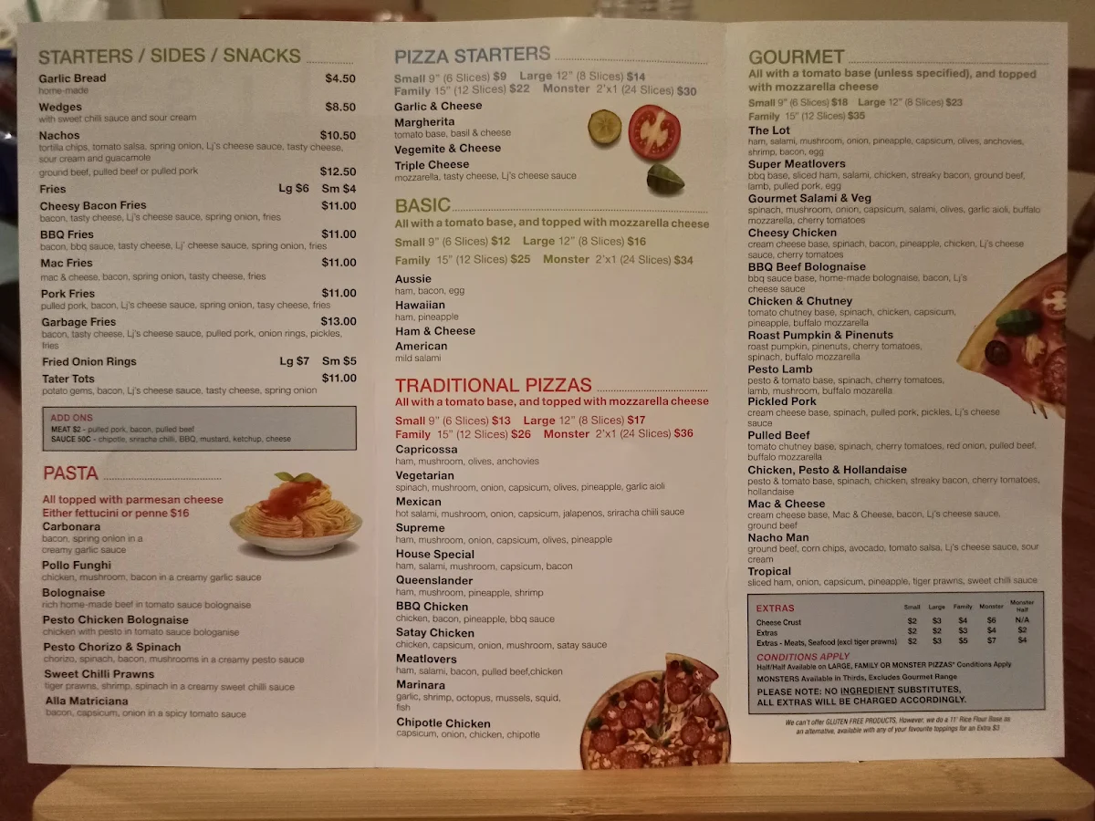 Menu, LJ's Pizza and Takeaway Food