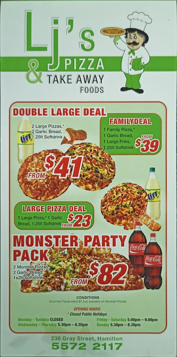 Menu, LJ's Pizza and Takeaway Food