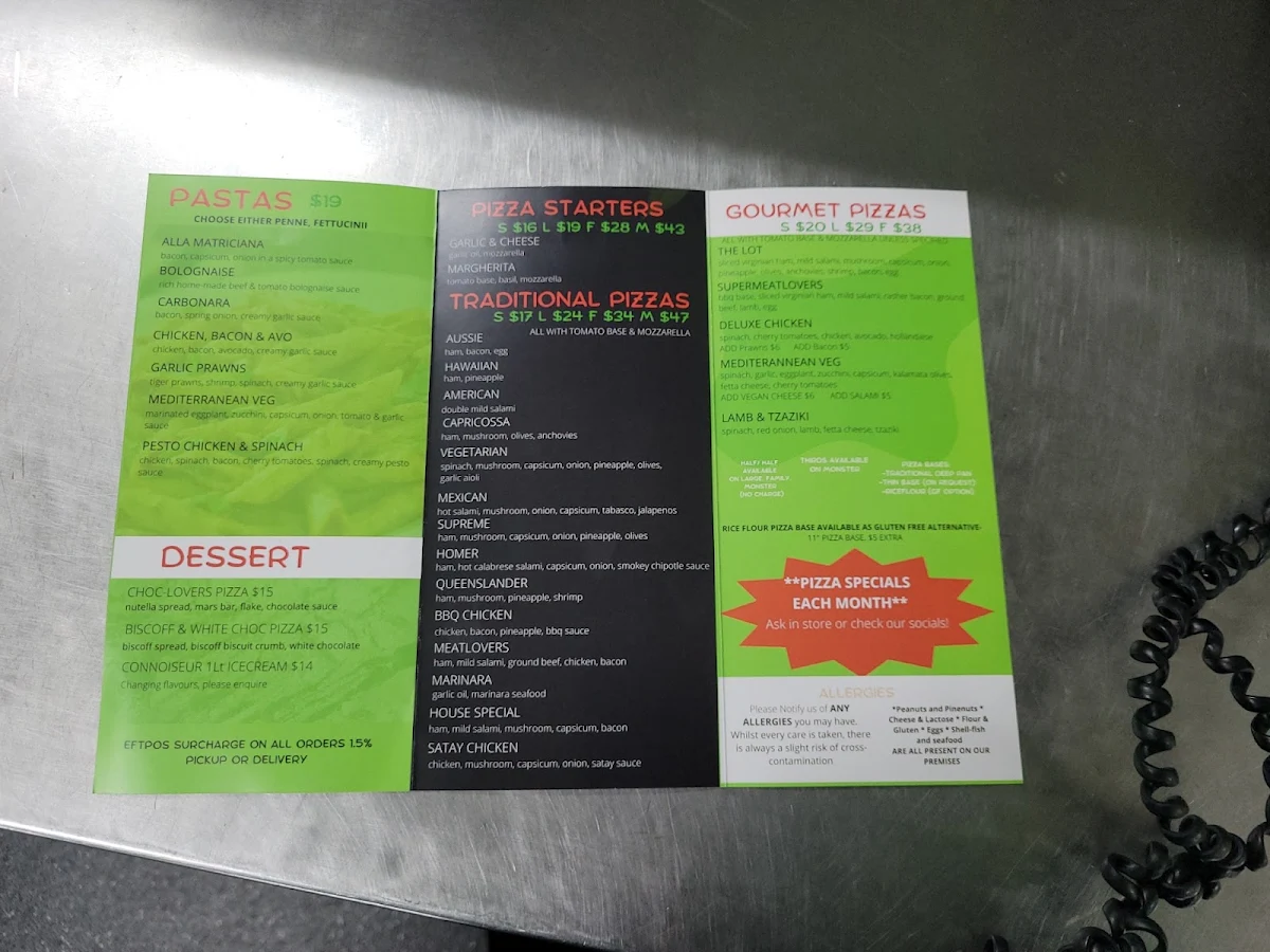 Menu, LJ's Pizza and Takeaway Food