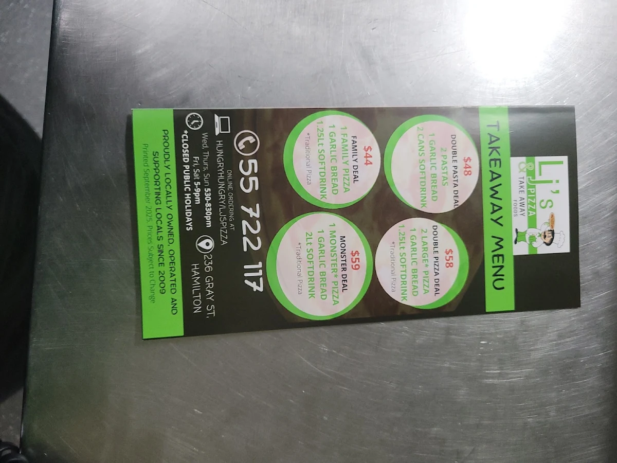 Menu, LJ's Pizza and Takeaway Food