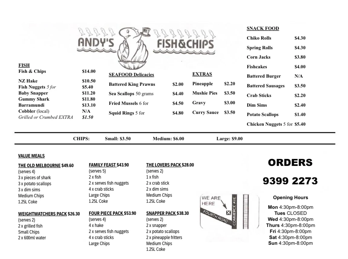 Menu, Andy's Fish & Chips