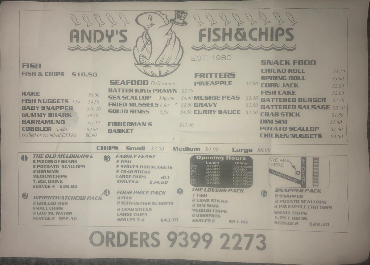 Menu, Andy's Fish & Chips