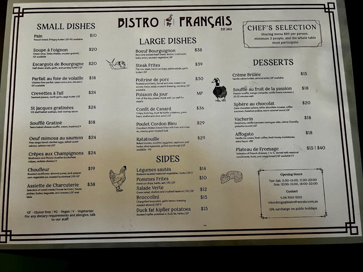 Menu, Bistro Francais Hyde Park