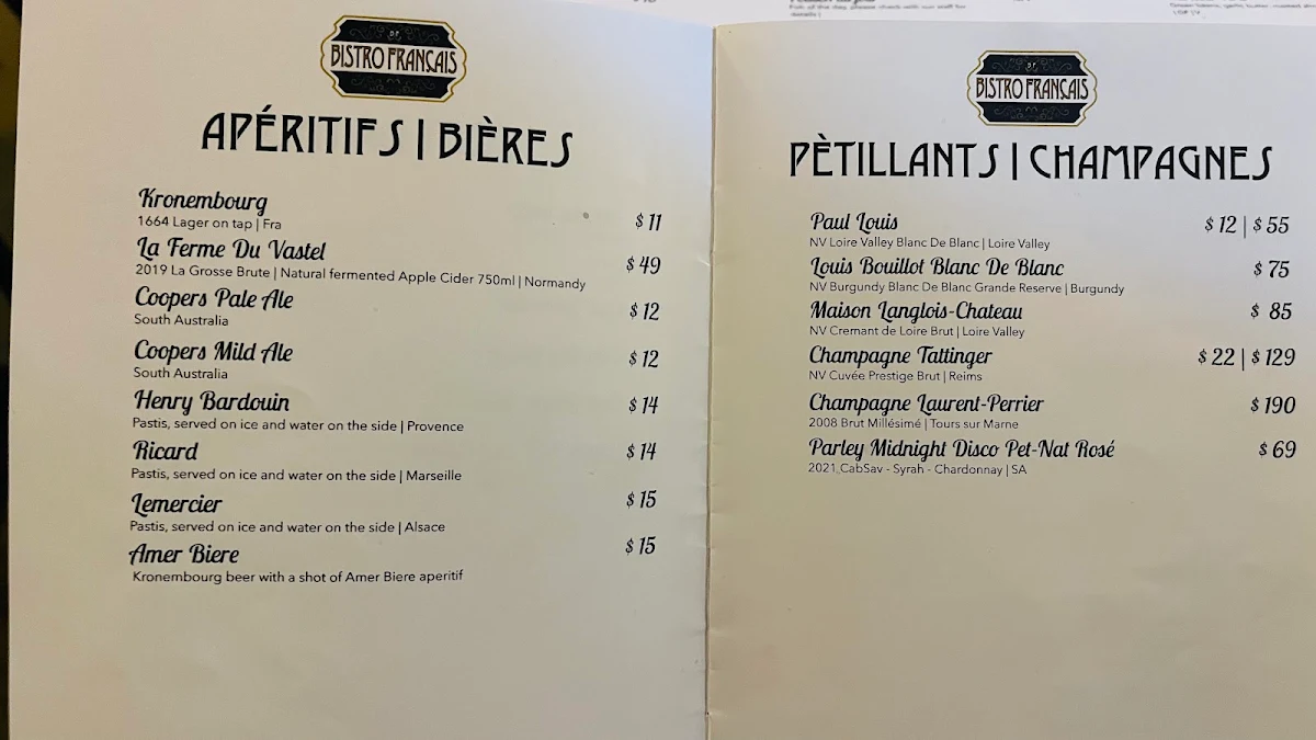 Menu, Bistro Francais Hyde Park
