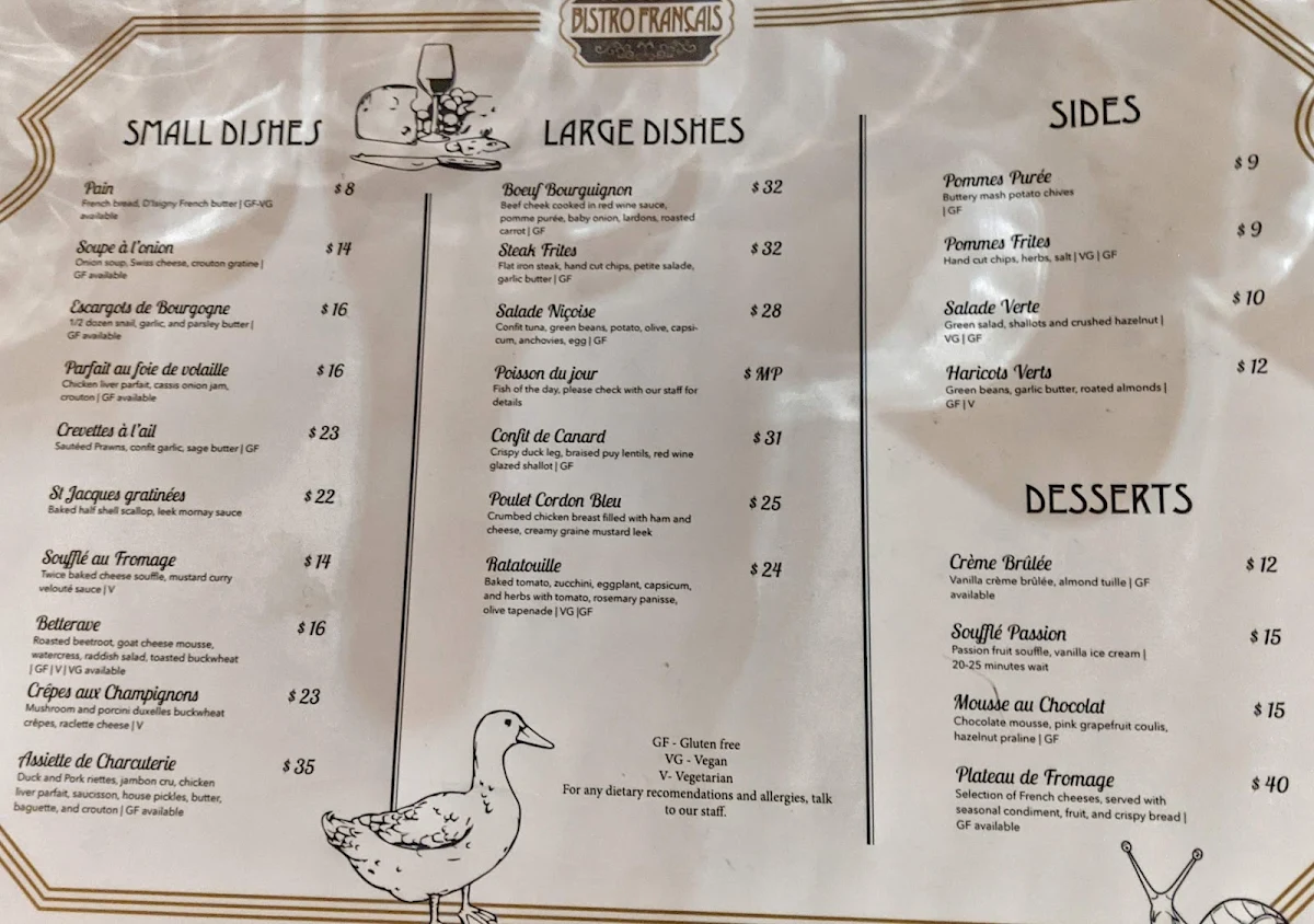 Menu, Bistro Francais Hyde Park