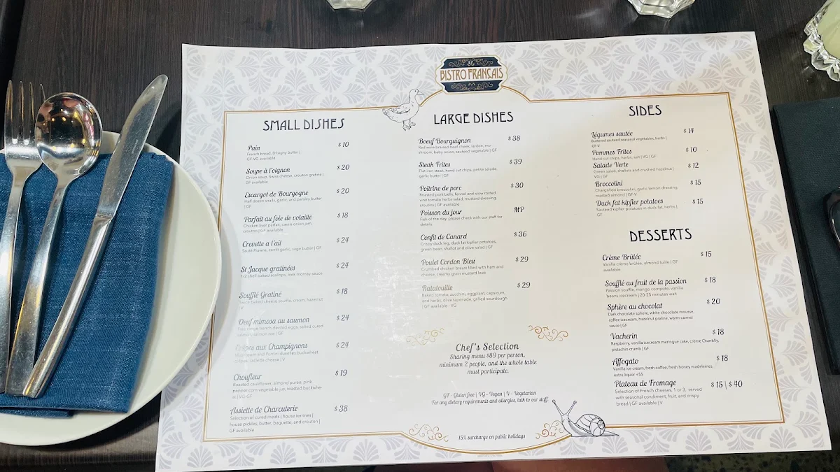 Menu, Bistro Francais Hyde Park