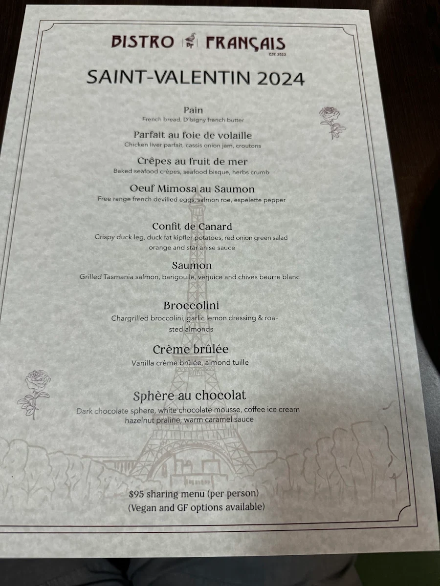 Menu, Bistro Francais Hyde Park