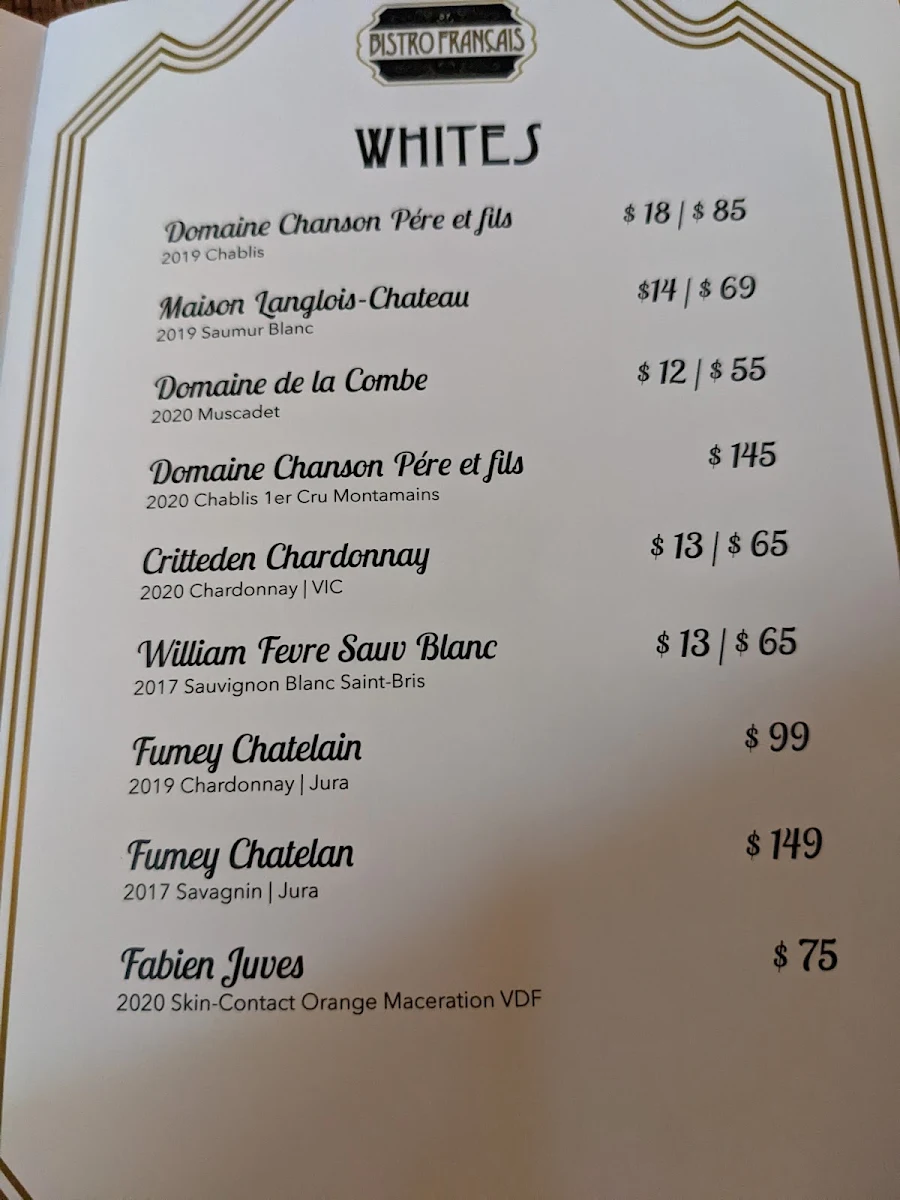Menu, Bistro Francais Hyde Park