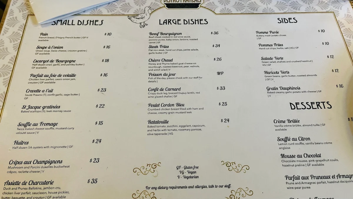 Menu, Bistro Francais Hyde Park