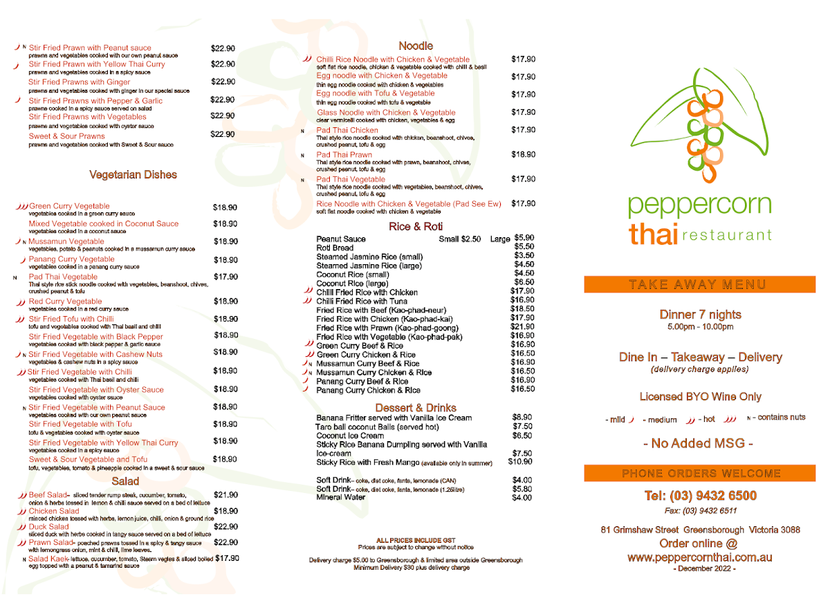 Menu, Peppercorn Thai Restaurant
