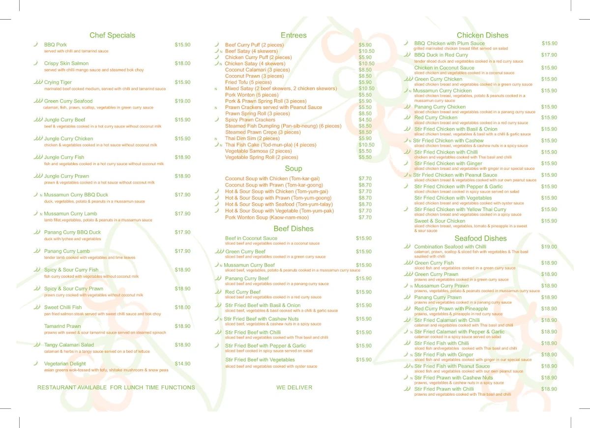 Menu, Peppercorn Thai Restaurant