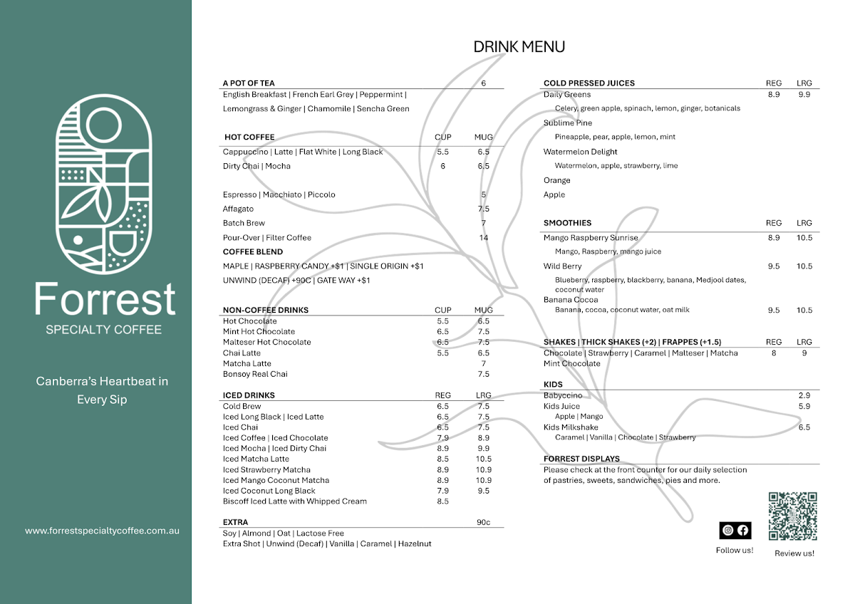 Menu, Forrest Specialty Coffee