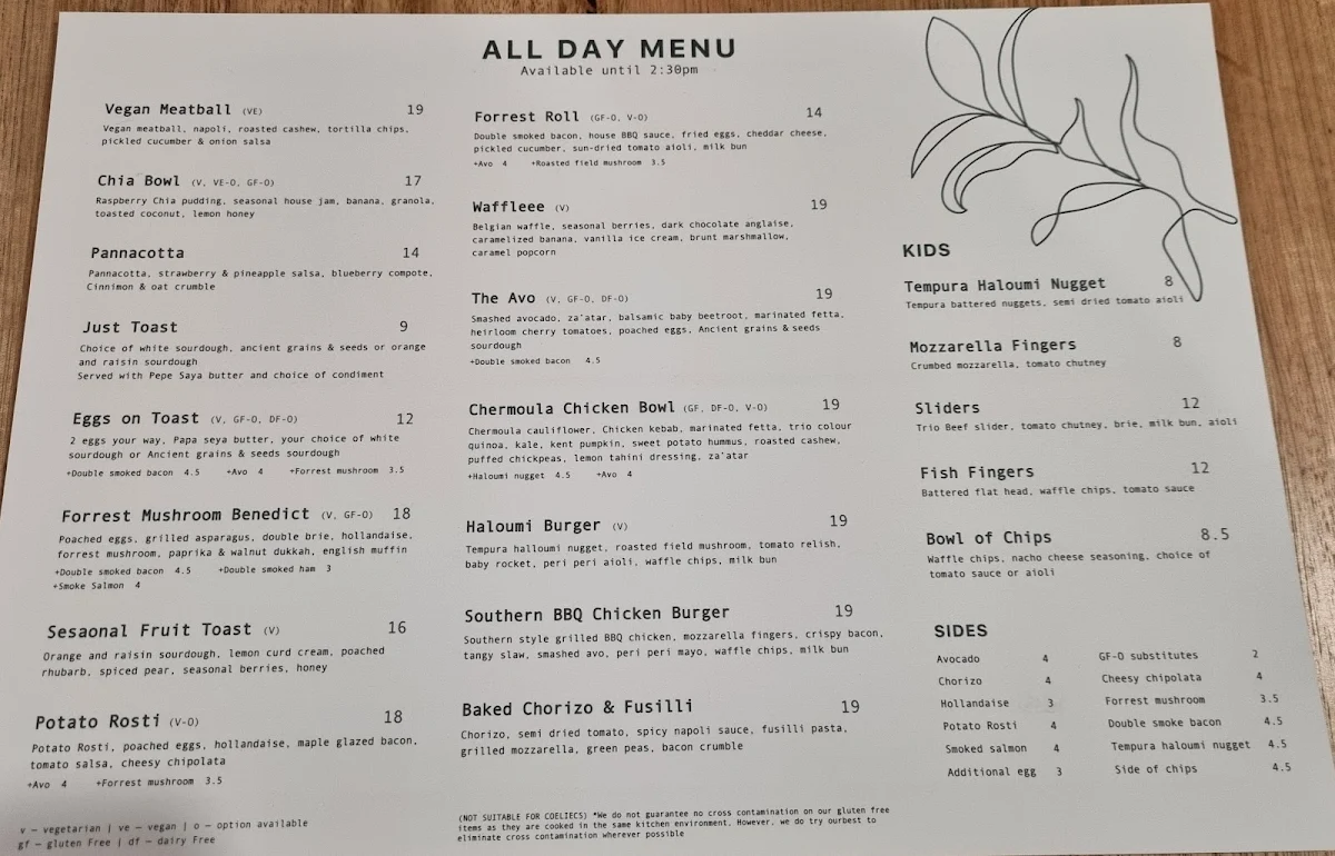 Menu, Forrest Specialty Coffee