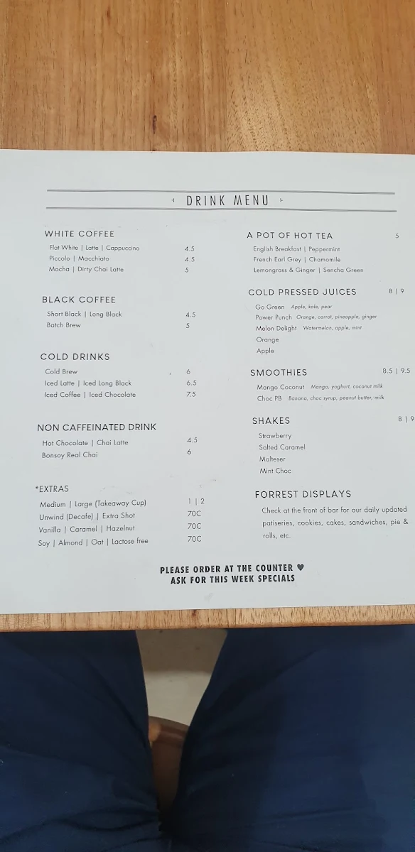 Menu, Forrest Specialty Coffee