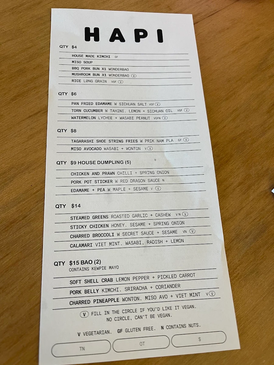 Menu, H A P I