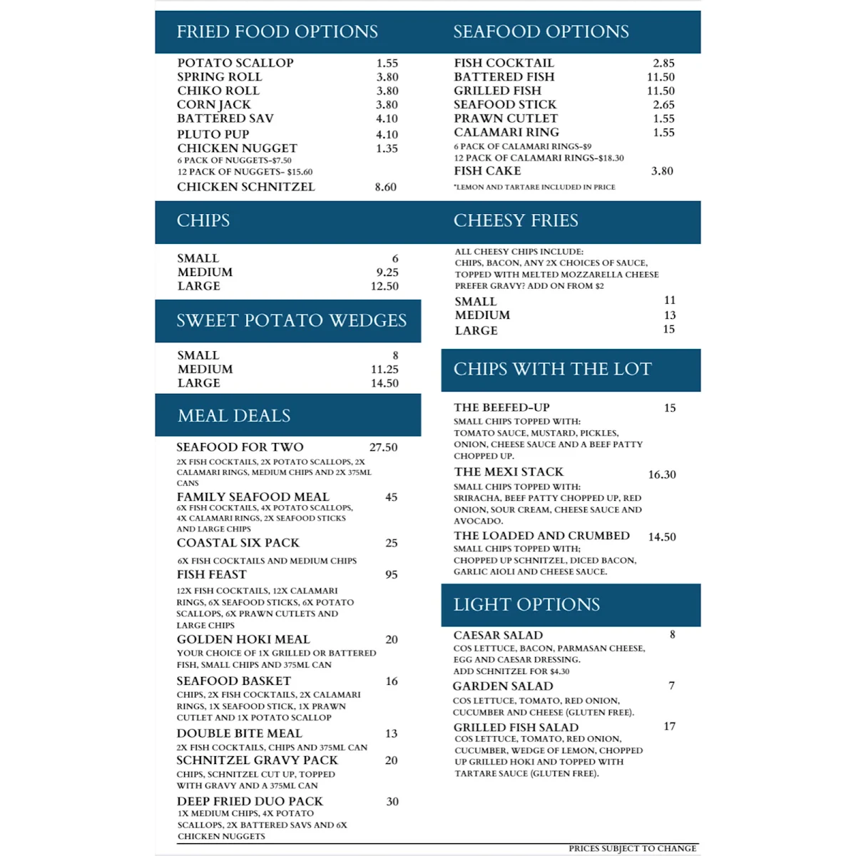 Menu, Coastal and Co. Takeaway