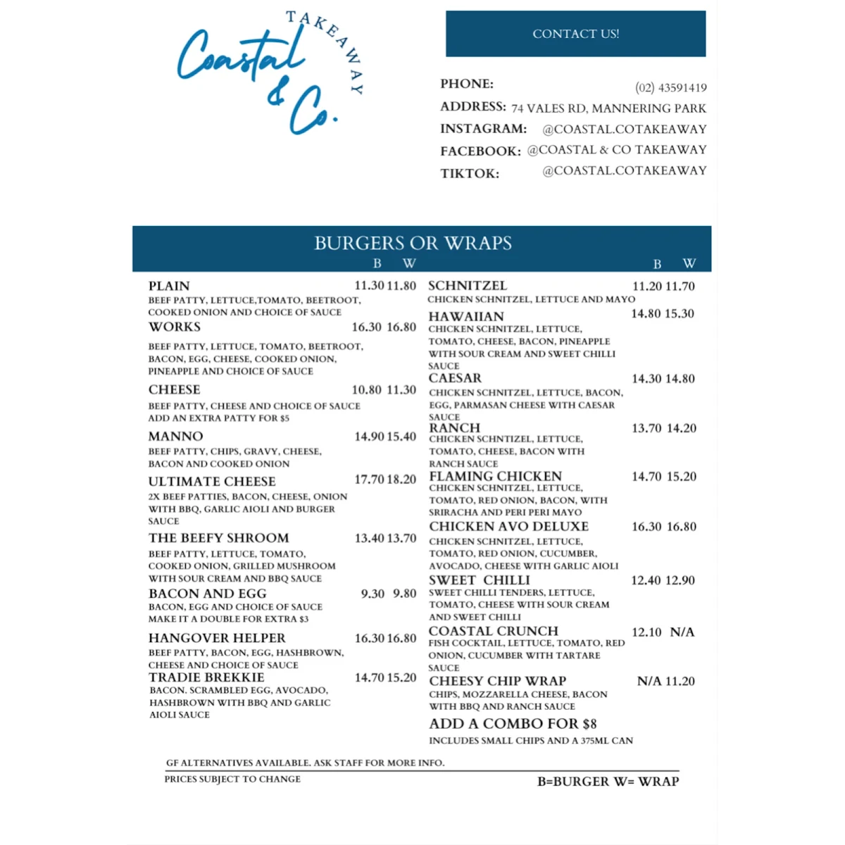 Menu, Coastal and Co. Takeaway