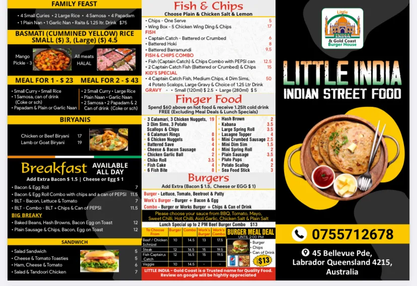 Menu, Little India Gold Coast