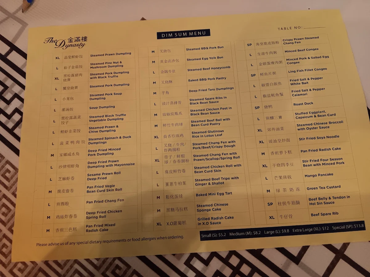 Menu, The Dynasty 金滿樓 Restaurant