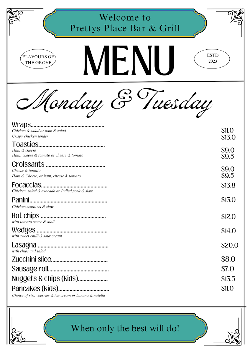 Menu, Pretty's Place Bar & Grill