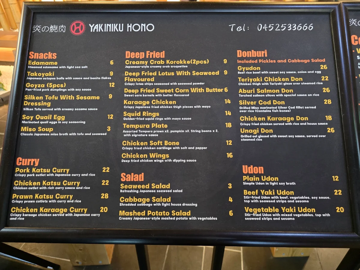 Menu, Yakiniku Hono Carindale