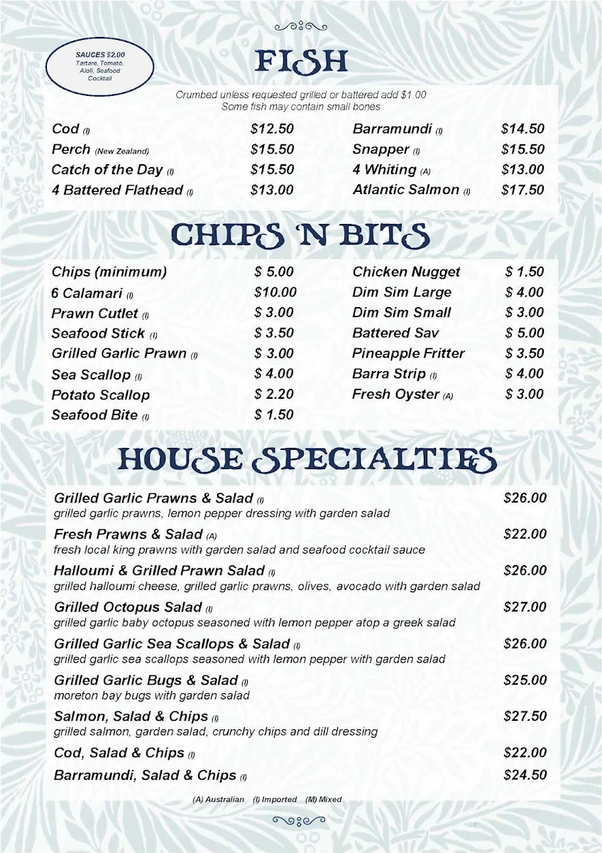 Menu, Doug's Seafood Cafe