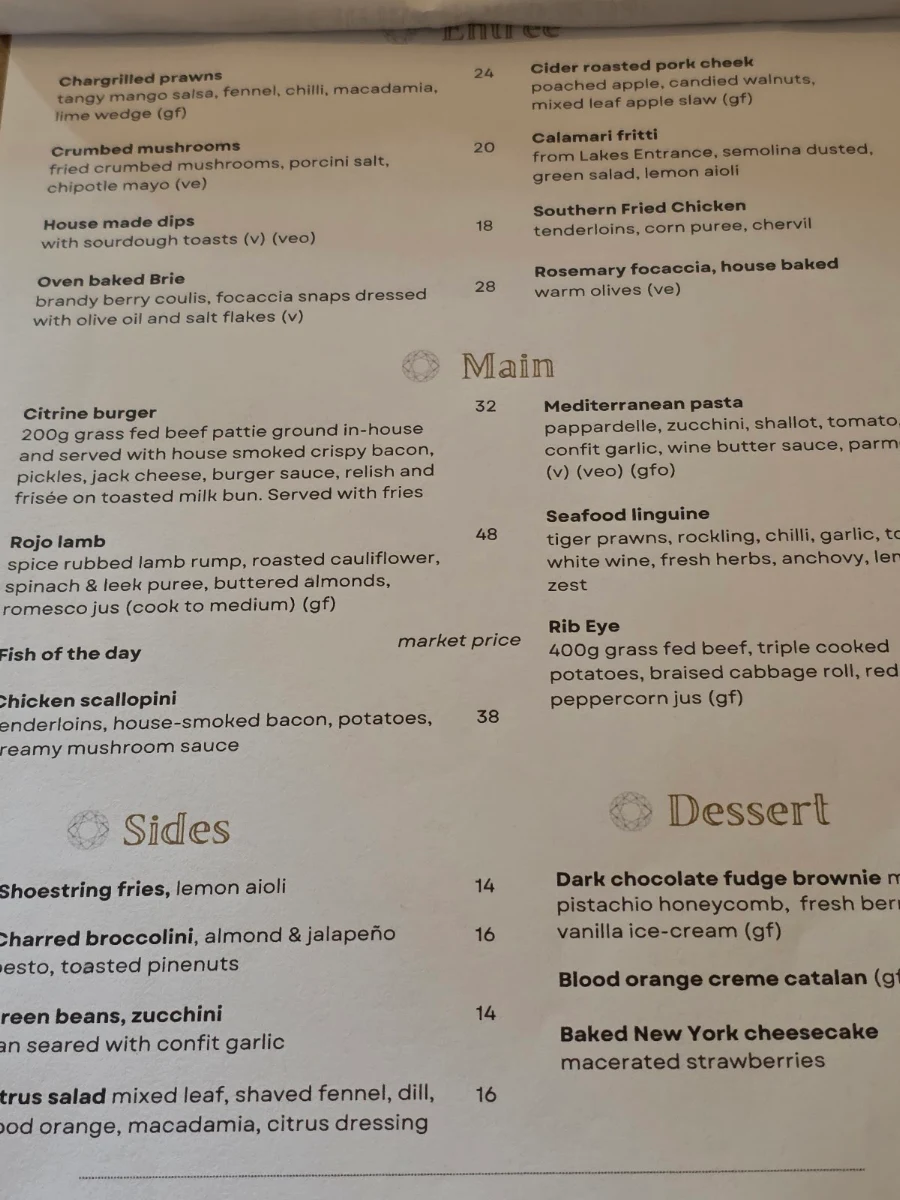 Menu, Citrine Bistro & Bar, Olinda