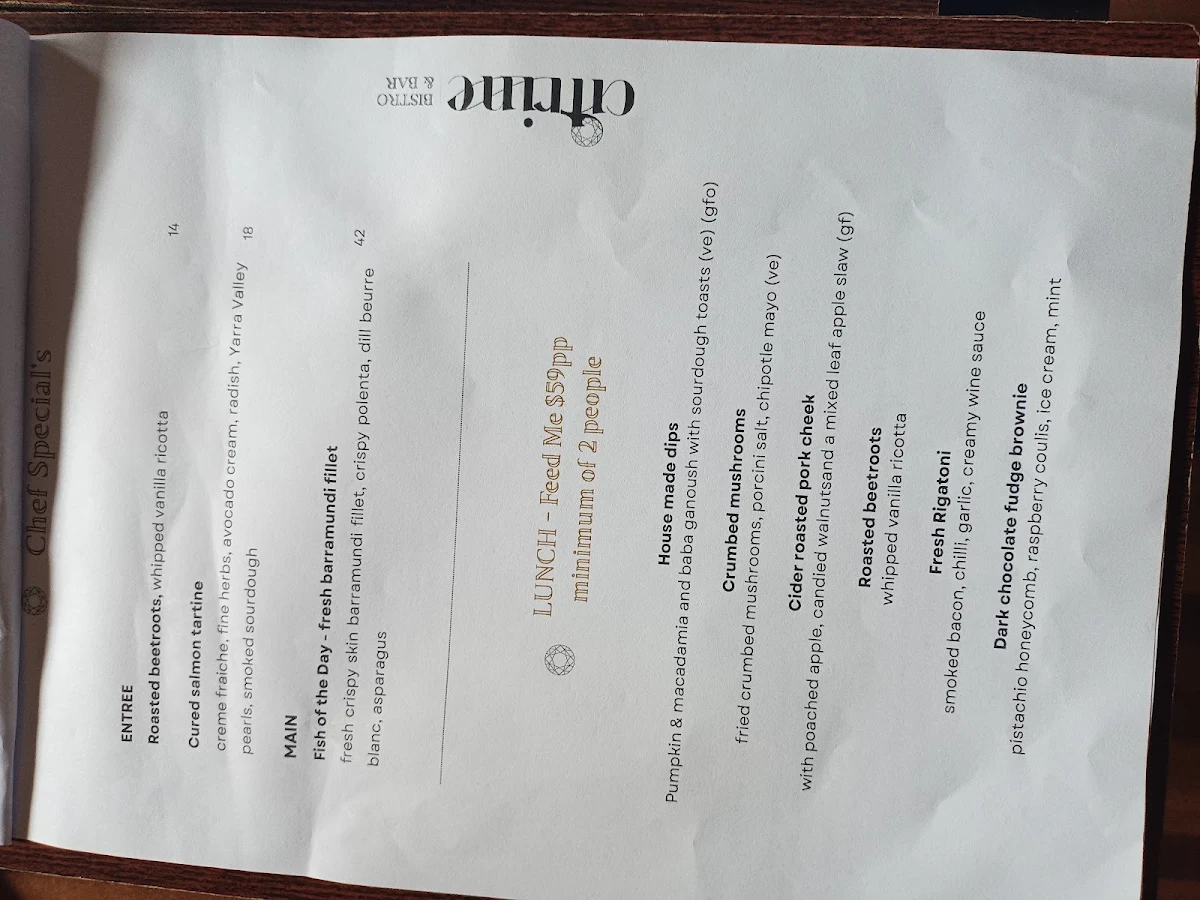 Menu, Citrine Bistro & Bar, Olinda