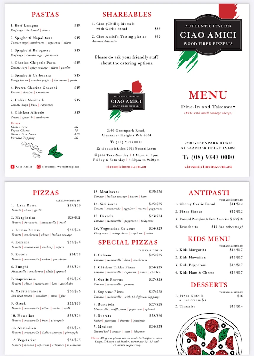 Menu, Ciao Amici Wood Fired Pizza & Pasta