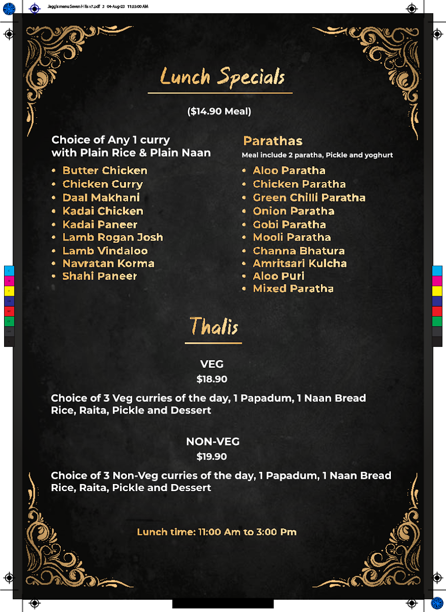 Menu, Jaggi's Indian Eatery & Function Center, Seven Hills