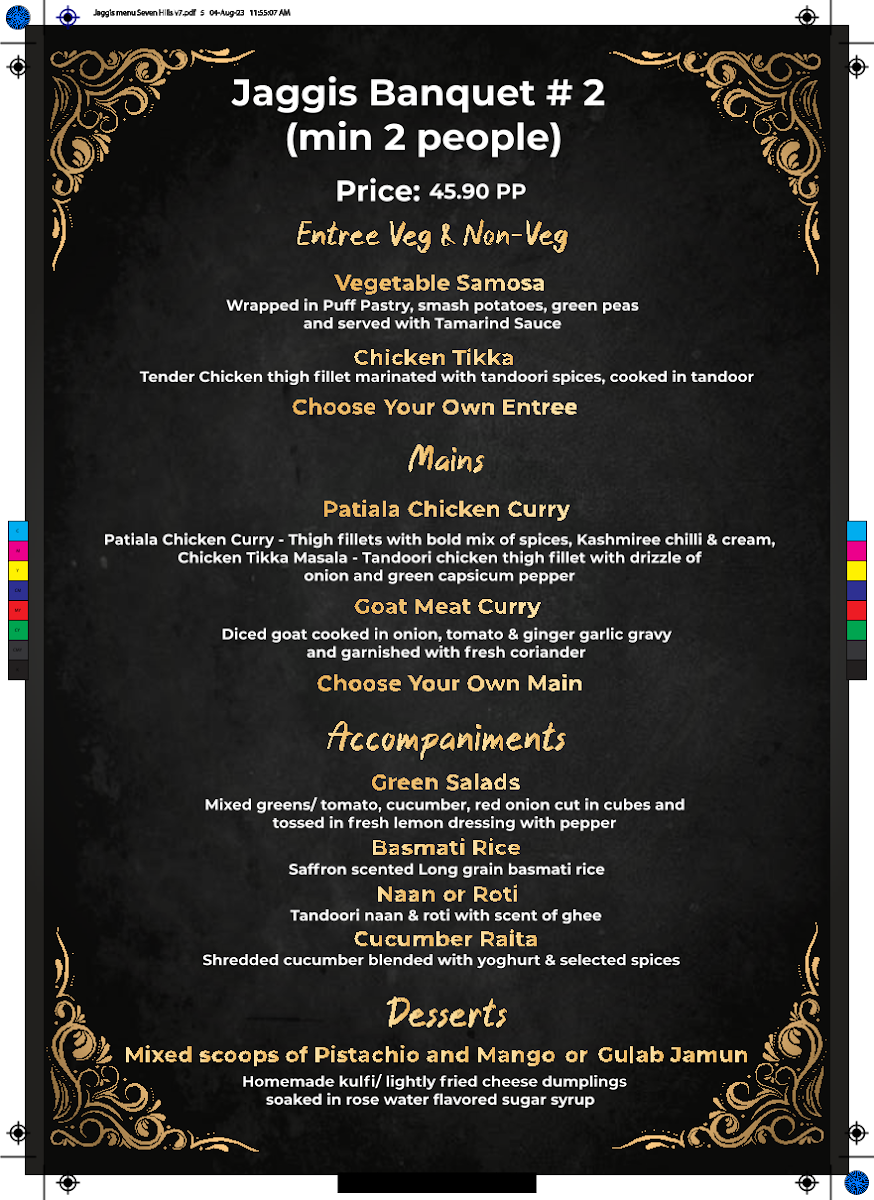 Menu, Jaggi's Indian Eatery & Function Center, Seven Hills