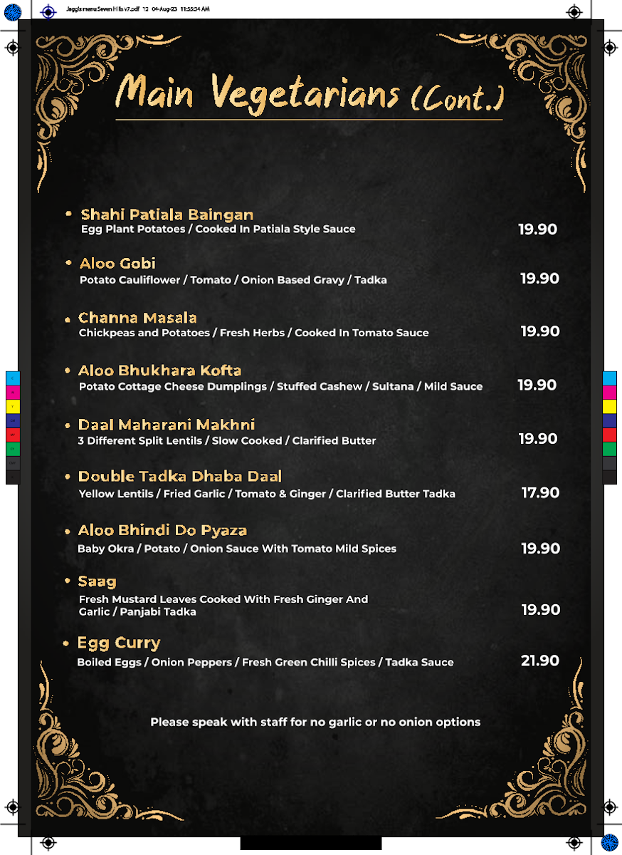 Menu, Jaggi's Indian Eatery & Function Center, Seven Hills